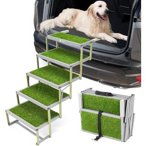 Veehoo Dog Stairs for Car, Aluminum Folding Dog Steps for Truck and SUV, Portable Car Ramp for Large Dogs with Non-Slip Artificial Grass Surface, Supports Up to 200 Lb, 5 Steps
