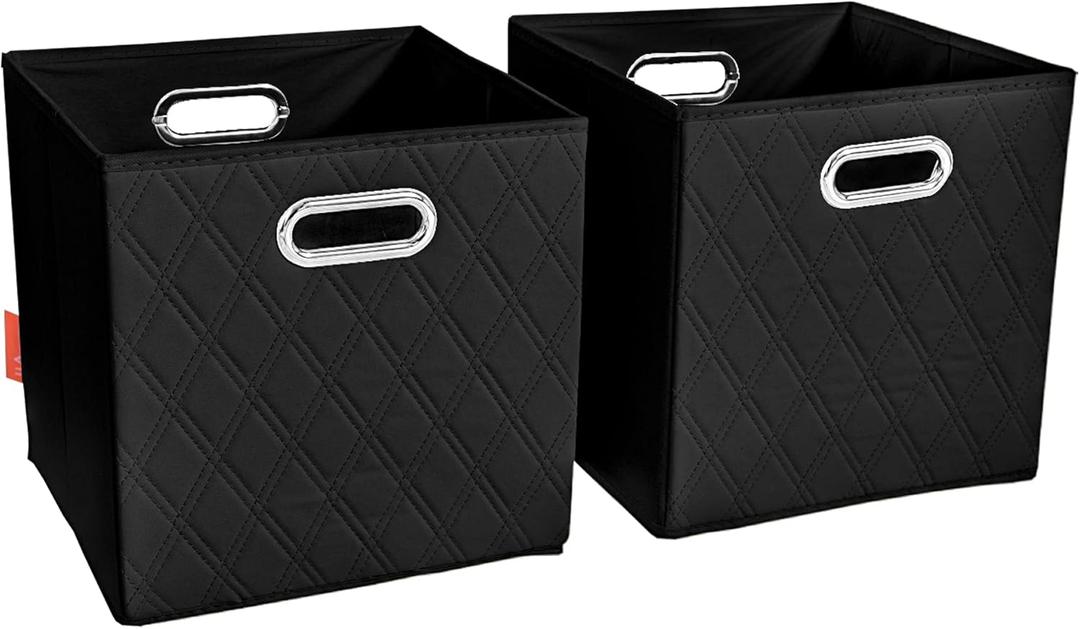 FH Group JIAessentials 13" Faux Leather Foldable Storage Cube Bins Set of 2  Black Diamond Patterned Organizers with Handles for Closet & Shelves (Large)