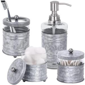 Autumn Alley Farmhouse Matte Galvanized Bathroom Accessories Set (4 PCS) - Lotion Soap Dispenser, Toothbrush Holder Set, 2 Glass Apothecary Jars (Qtip Holder) - Rustic Bathroom Accessories Set