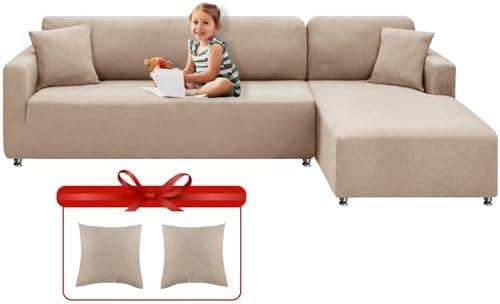 XINEAGE Sectional Couch Covers High Stretch 2 Pieces L Shape Sofa Cover with 2pcs Pillowcases Corner Couch slipcovers Chaise Cover with Elastic Bottom 3 Seats + 3 Seats (Khaki)