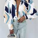 BTFBM Summer Blouses for Women Dressy Casual 2026 Long Sleeve Button Down Shirt V Neck Boho Spring Tops Fashion Clothing (Blue, S)