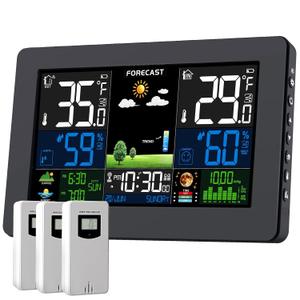 Weather Station Wireless Indoor Outdoor, Digital Outdoor Thermometer with 3 Sensor, Large Display Home Weather Stations with Weather Forecast, Atomic Clock, Barometric Pressure, Moon Phase
