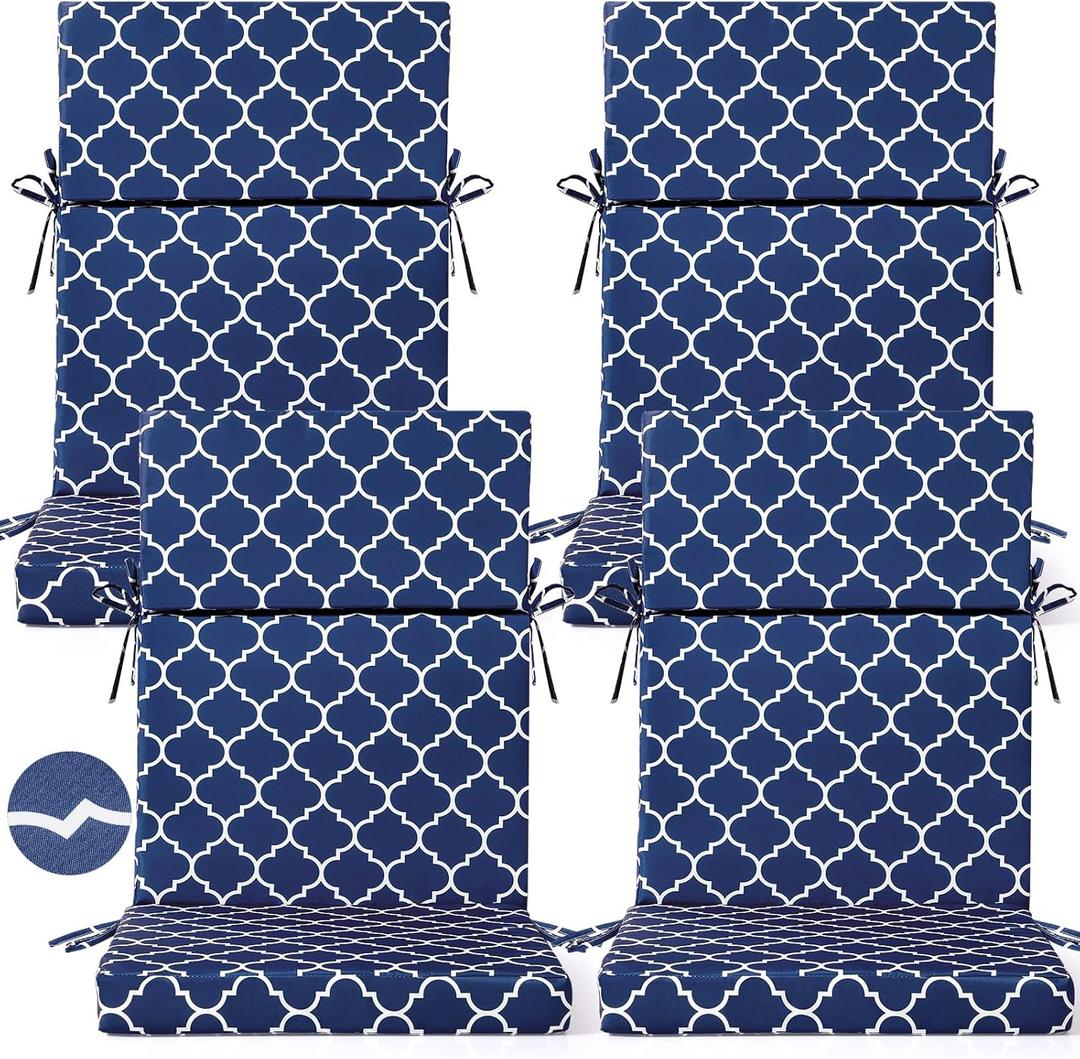 4 Pack Outdoor High Back Chair Cushion for Patio, Moroccan, Blue