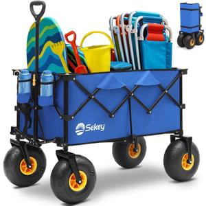 Heavy Duty Beach Wagon with 9" Big Sand-Proof Wheels  440lb Capacity, Sekey 200L Oversized Foldable Cart | Adjustable Handle & All-Terrain Tires for Sand, Camping, Groceries. Blue&Black