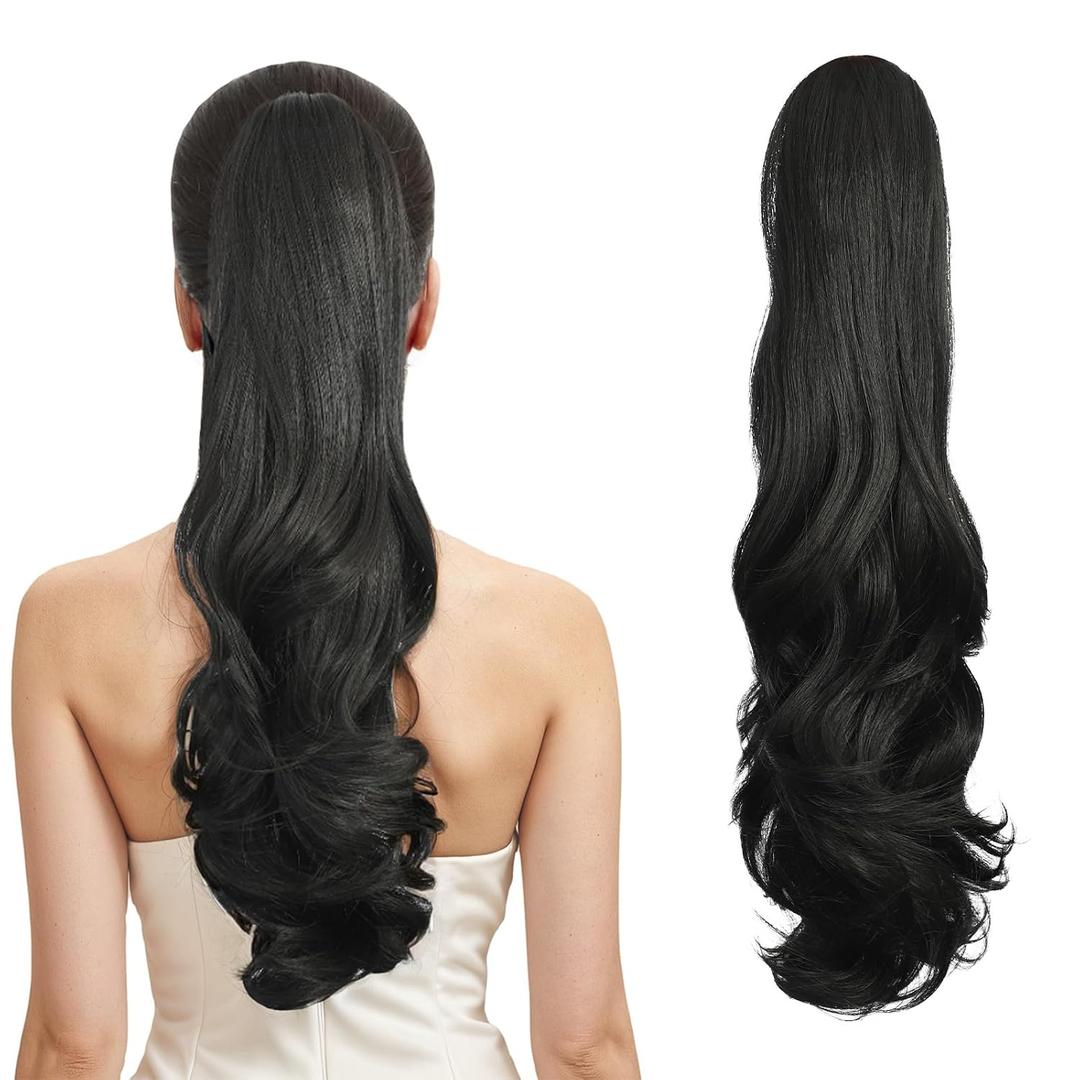 Black Ponytail Extension, Claw Clip Ponytail Extension for Women 22" Curly Wavy Ponytails Extensions long Ponytails Hair Piece