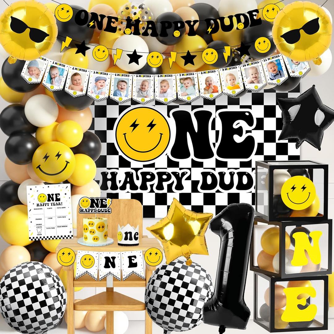 One Happy Dude 1st Birthday Party Decorations Party Supplies First Birthday Party Decoration for Boy Black and Yellow Theme Backdrop Balloon High Chair Banner Balloon Boxes Crown Poster (Selection-D)