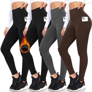 FULLSOFT 4 Pack Fleece Lined Leggings with Pockets for Women High Waisted Thermal Winter Warm Yoga Pants for Workout Running (Large-X-Large, Black,black,gray,brown(4 Pack))