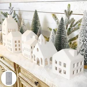 Christmas Decorations - Christmas Village Sets of 5 Lighted Ceramic Houses with Remote Control & 9 Trees - Indoor White Xmas Holiday Rustic Unique Decor for Home Table Room Farmhouse Decoration