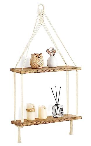 Mkono Macrame Hanging Shelf Boho Wall Decor 2 Tier Handmade Cotton Rope Rustic Wood Floating Shelves Display Photos Plants Hanging Storage Shelving for Living Room Nursery Bathroom Bedroom