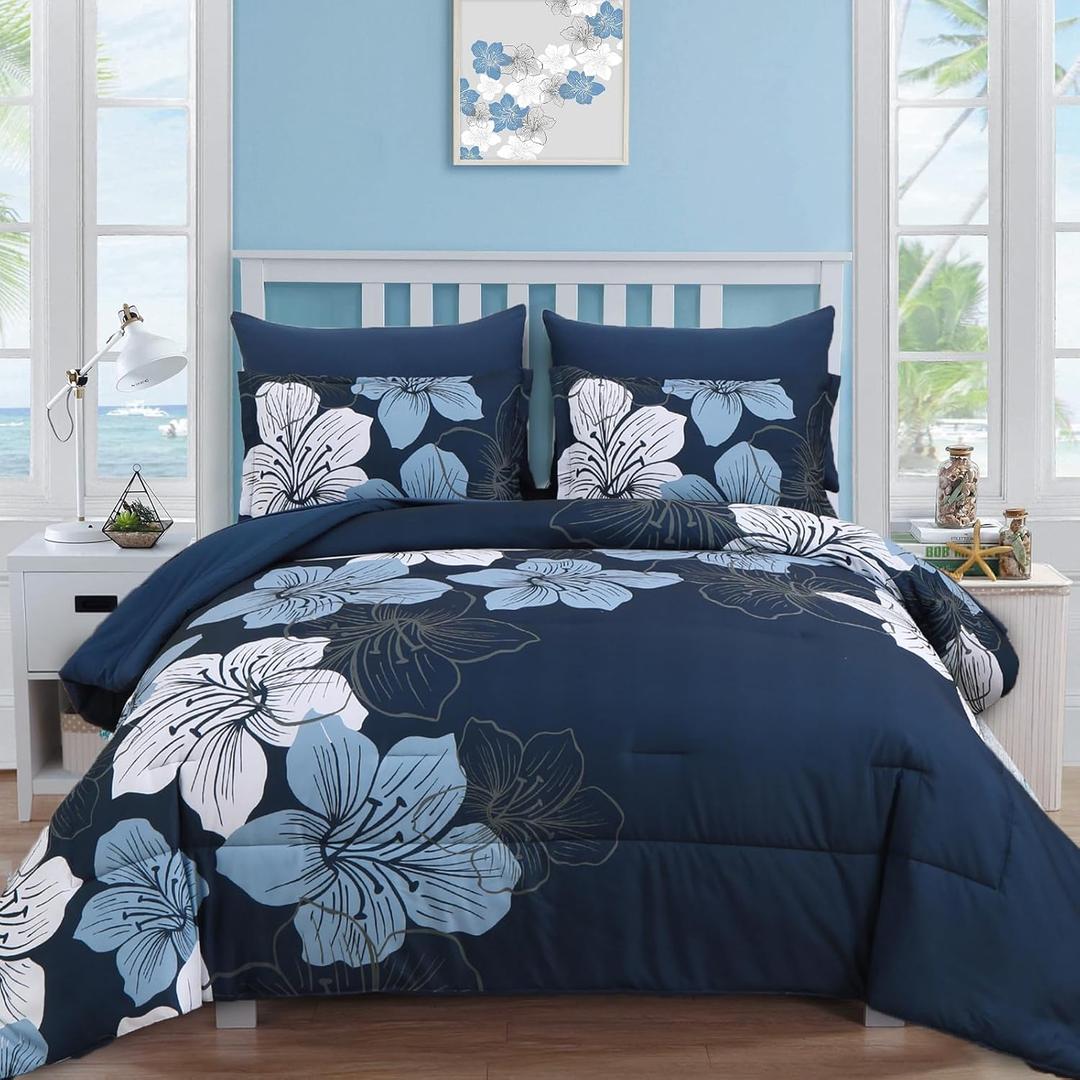 Luxudecor Navy Blue Comforter Set Queen Size, 7 Pieces Bed in a Bag Navy Blue Floral Comforter and Sheet Set, Soft Microfiber Complete Bedding Sets for All Seasons