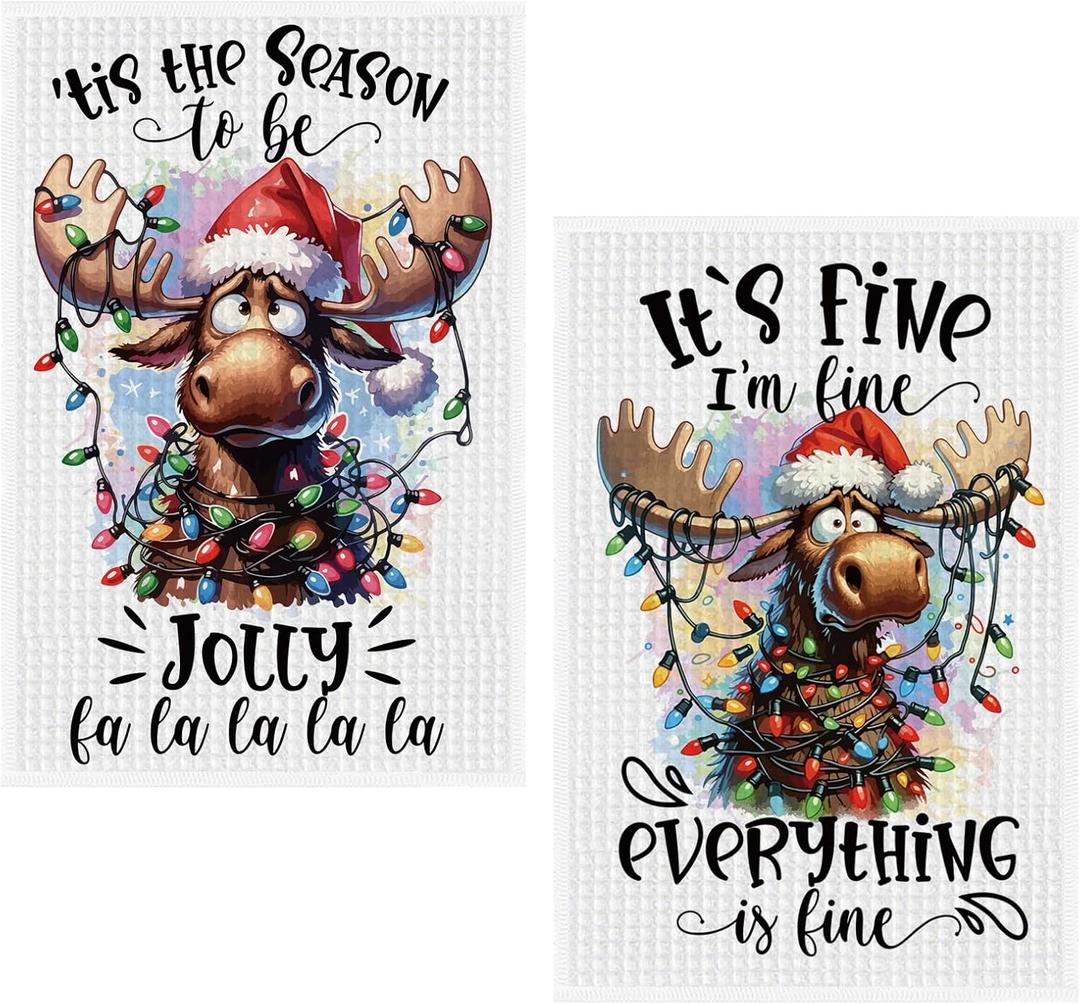 2 Pcs Funny Christmas Moose Kitchen Towels 16 x 24 Inch, Gifts for Moose Lovers, Decorative Hand Towel for Bathroom, Xmas Holiday Farmhouse Dish Tea Towels for Seasonal Kitchen Drying