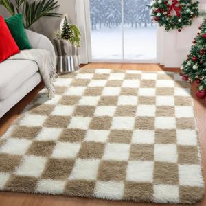 KICMOR Area Rugs for Bedroom Living Room, 4x6 Fluffy Soft Beige and Cream White Checkered Rug Fuzzy Shag Shaggy Carpet, Indoor Plush Rugs for Kids Boys Girls Dorm Nursery Office Home Decor Aesthetic