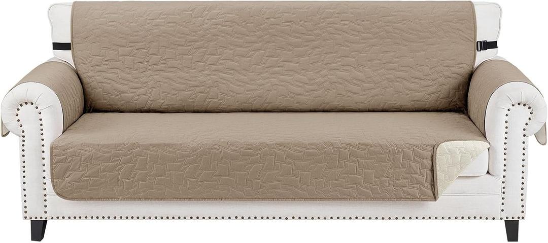 CUCRAF Non Slip Quilted Sofa Cover, Water Resistant Slipcover Furniture Protector for 3 Cushion Sofa Pet Friendly, Washable Couch Cover with Adjustable Elastic Straps (Large, Light Khaki)