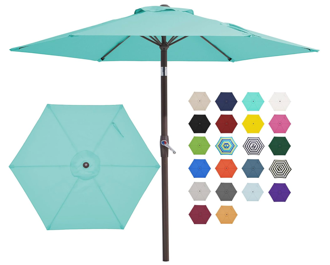 JEAREY 7.5FT Patio Umbrella Market Table Umbrella with 6 Sturdy Ribs, Push Button Tilt/Crank Outdoor Umbrella for Garden, Deck, Backyard, Pool, Peacock Blue