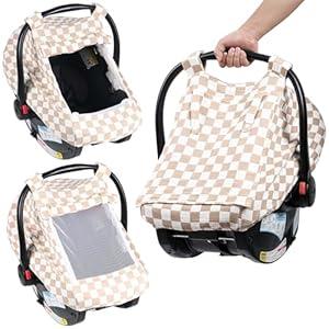 Summer Muslin Car Seat Cover for Baby – Breathable & Privacy Canopy with Large Mesh Window, 3 Adjustable Modes, Easy Install Universal Fit for Infant Car Seats (Khaki Checkered)
