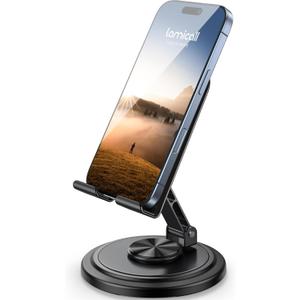 Lamicall Adjustable Phone Stand for Desk - 360 Rotating Foldable Cell Phone Holder Desktop Portable Cellphone Stand, Office Desk Accessories for iPhone 16 15 14 13 Pro Max, 4-10 Smartphones, iPad (Black)