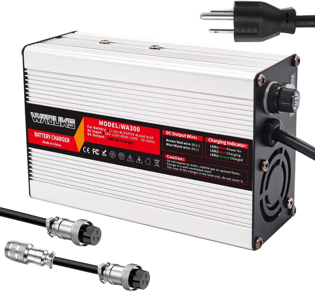 84V 3A Charger 84V Li-ion Battery Charger with Cooling Fan Aluminum Case Used for 20S 72V Lithium Battery Pack Output 3pin GX16 1+3-