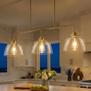 Dining Room Light Fixtures over Table, Large Kitchen Island Lights Modern Farmhouse Chandelier Vintage Brushed Gold Rectangle Chandelier Light Fixture with 3 Big Clear Glass Dome,Height Adjustable