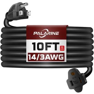 10ft Black Outdoor Extension Cord Waterproof, UL Listed, 14/3 SJTW Heavy Duty 3 Prong, 14 Gauge 15A Power Cord Ideal for Indoor Outdoor Lights, Appliances, and Lawn