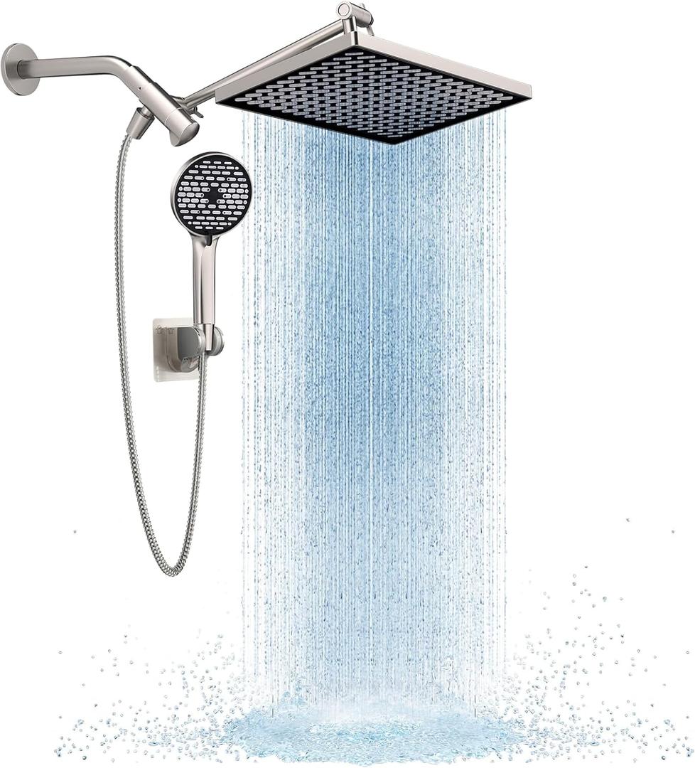 Cobbe 11.8 Inch Rain Shower Head with 6 Modes Handheld Water SprayHigh Pressure Showerhead Combo with 11 Inch Adjustable Extension Arm, Brushed Nickel