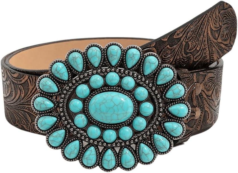 GORGLITTER Women's Western Leather Belt Vintage Turquoise Buckle Waist Belt for Dress (37.4-41.3", Bronze)