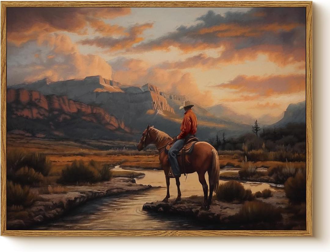 Western Cowboy Framed Canvas Wall Art 12x16 Inch, Horse Rider at Sunset Print Rustic Mountain Landscape painting, American West Country Home Office Bedroom Wall Dcor