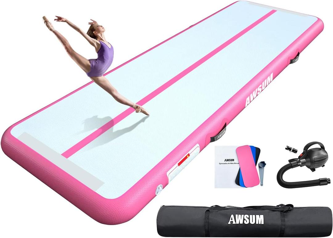 AWSUM Inflatable Air Gymnastics Mat 10ft/13ft/16ft/20ft/23ft Training mat 4/8 inches Thick tumbling mat with Electric Pump for Home/Gym/Outdoor (Pink/Pink)