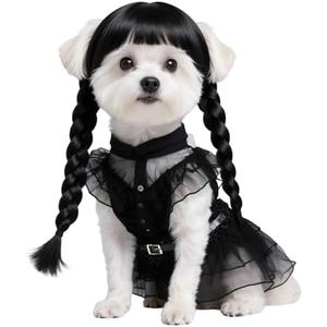 1pcs Dog Costume for Medium Dogs Puppy Clothes with Wig and Belt Black Pet Dog Dress Outfit for Dogs Cats Cosplay Halloween Birthday Party AN002M XL