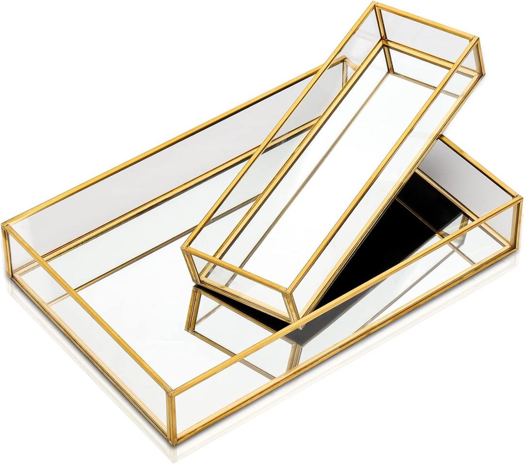 Lyellfe 2 Pack Perfume Trays, Gold Vanity Tray, Decorative Gold Mirror Tray, Non Slip Rectangular Perfume Tray, Jewelry, Bathroom