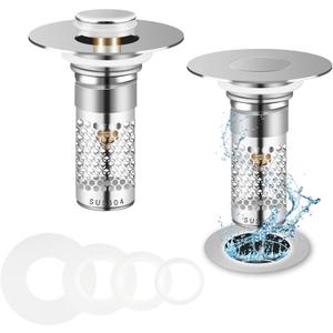 2Pcs Bathroom Sink Drain Strainer&Sink Stopper Hair Catcher, Pop Up Sink Drain Strainer for US Bathroom Sink Stopper Replacement, with Removable Stainless Steel Strainer Basket and 4 Silicone Rings
