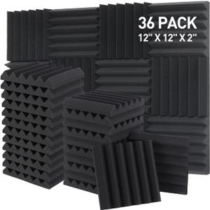 Sound Proof Foam Panels - 12 x 12 x 2 Inches 36 Pack Wedges Acoustic Foam Panels Sound Proofing Padding for Walls and Ceiling High Density Foam Studio Foam (Black) (12 x 12 x 2 Inches36 sq ft, Black - 36 Pack Wedge Panels)