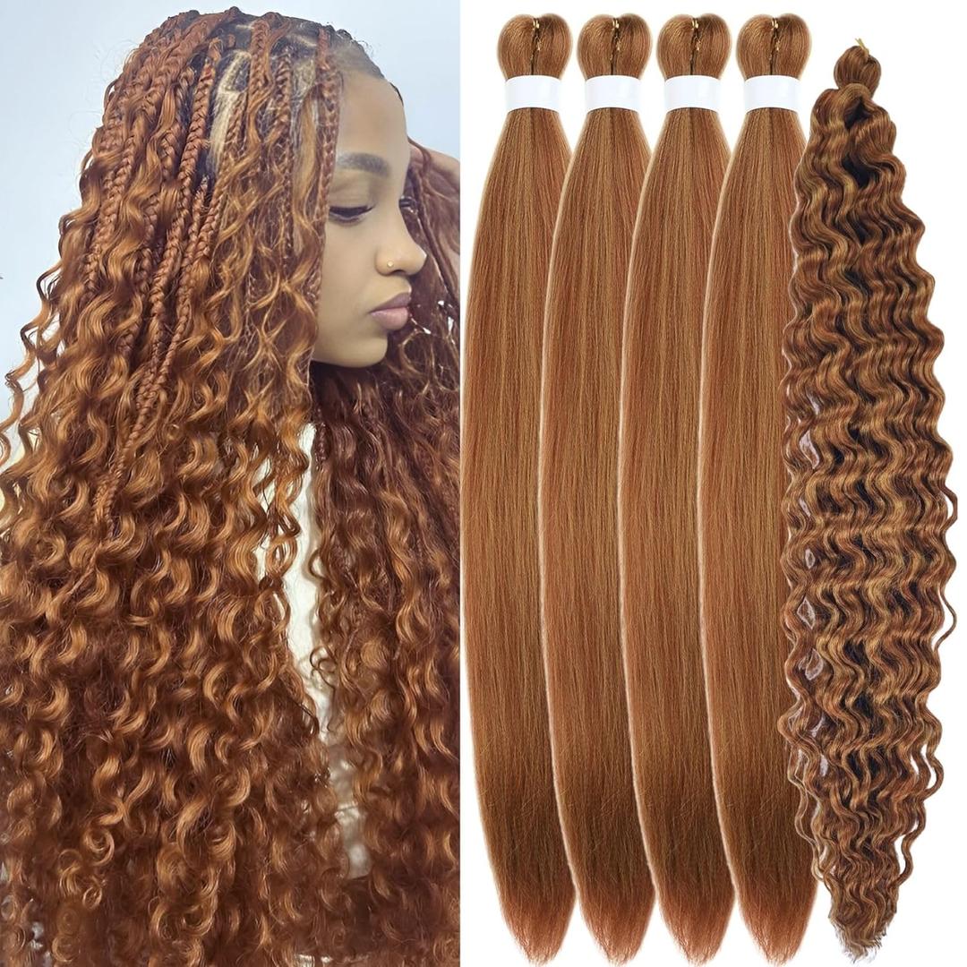 Copper Boho Braiding Hair Pre stretched Hypoallergenic Curly Boho Hair for Braiding Knotless Deep Wave Bohemian Braids (26 Inch-Packs of 5, Mixed Color - Honey Brown)
