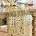 Artoid Mode Green Embroidery Daisy Gauze Table Runner 120 Inch 10FT, Seasonal Sheer Kitchen Dining Holiday Wedding Birthday Table Decor for Home Party (28" x 120")