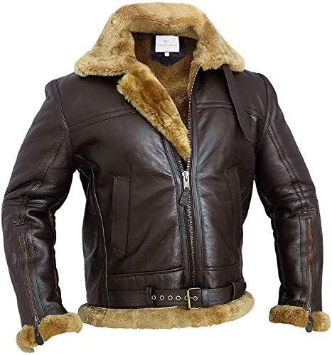 RAF Bomber Ginger Men B3 Bomber Jacket Aviator Real Shearling Bomber Sheepskin Leather Jacket, Size XL