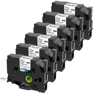 TZe-131 12mm 0.47 Laminated Clear Label Tape Compatible for Brother Label Maker Tape 12mm 0.47 Clear for Ptouch PT-D210 PT-H110 PT-D220 PT-D400 PT-D600, Black on Clear, 6 Packs