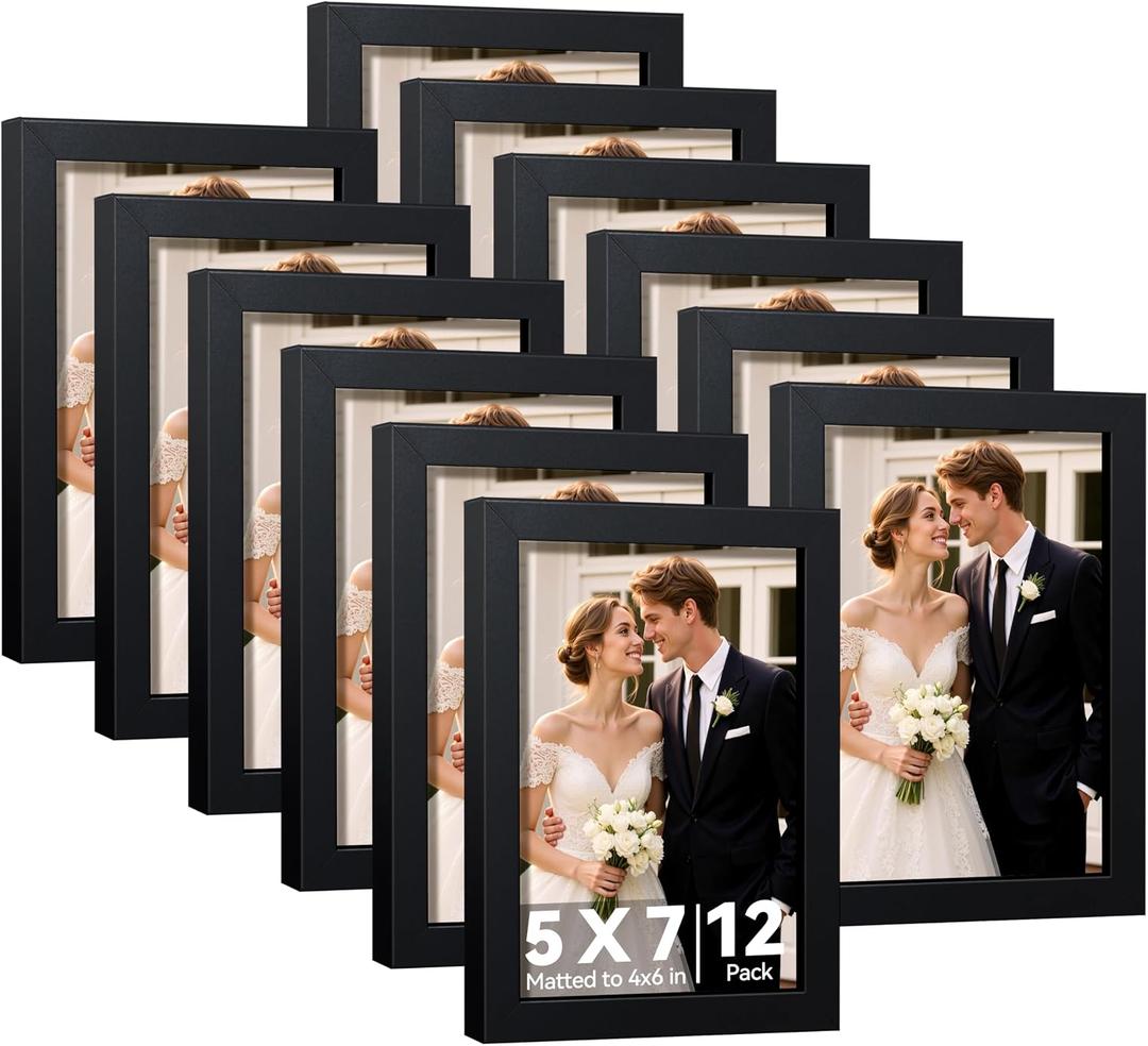 HappyHapi 5x7 Picture Frames Set of 12, Black Photo Frames, Display Pictures 4x6 with Mat or 5x7 without, Wall Hanging or Tabletop Display (Black)