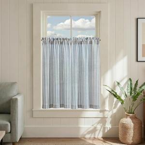 jinchan Striped Linen Kitchen Curtains 36 Inches Length Tier Curtains Farmhouse Modern Cafe Style Small Window Treatments Airy Light Filtering Rod Pocket for Living Room Bathroom 2 Panels Blue