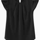 Blooming Jelly Women's Casual Round Neck Basic Pleated Top Cap Sleeve Curved Keyhole Back Chiffon Blouse, L, Black