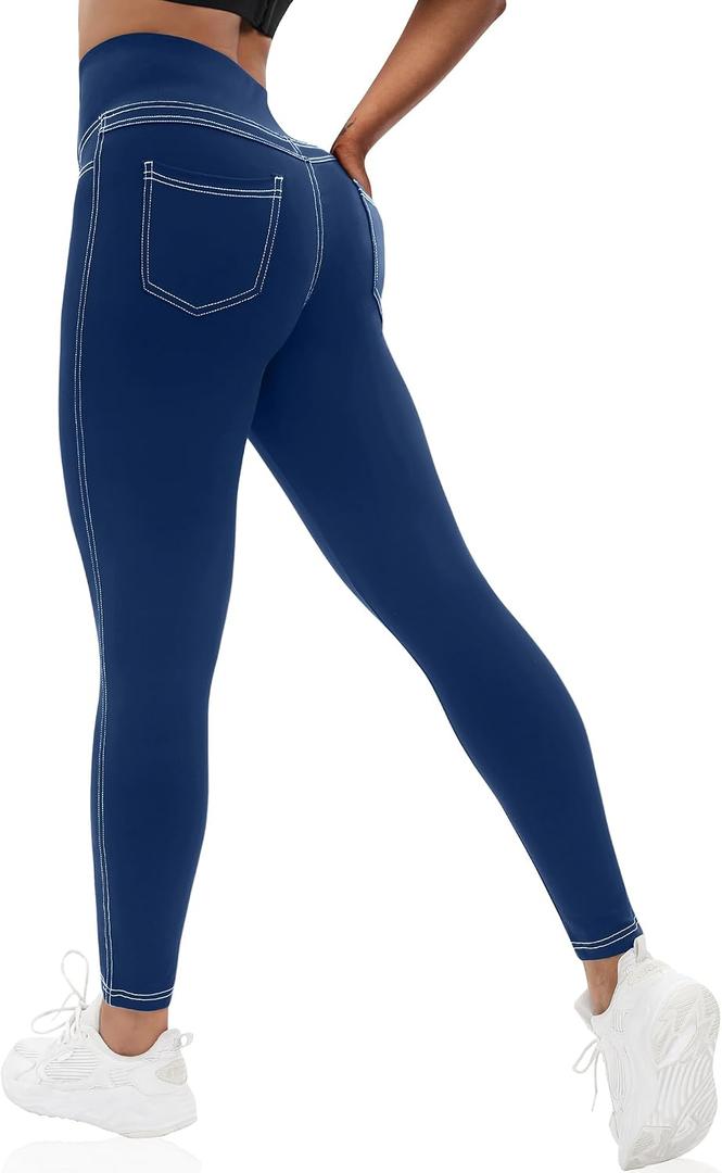 VOOVEEYA Curvy Womens Leggings, High Waisted Yoga Pants with Back Pockets, Tummy Control - Buttery Soft - Stretchy, X-Small, Navy Blue