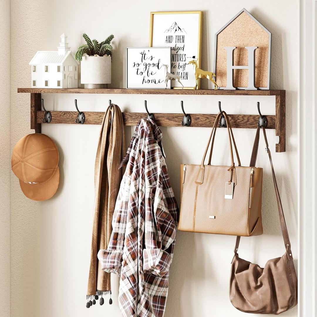 AMBIRD Coat Rack Wall Mount, 35 Inch Extra Long Wall Hooks with Hanging, Wooden Shelf with 7 Metal Hooks 2 Side Hooks, Wall Key Holder with Shelf in Entryway, Kitchen, Bathroom, Living Room, Bedroom (35" L, Brown)