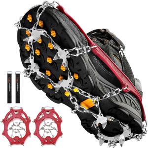 Crampons Ice Cleats Traction Snow Grips for Boots Shoes Women Men Kids Anti Slip 19 Stainless Steel Spikes Safe Protect for Hiking Fishing Walking Climbing Mountaineering (Red, Medium)