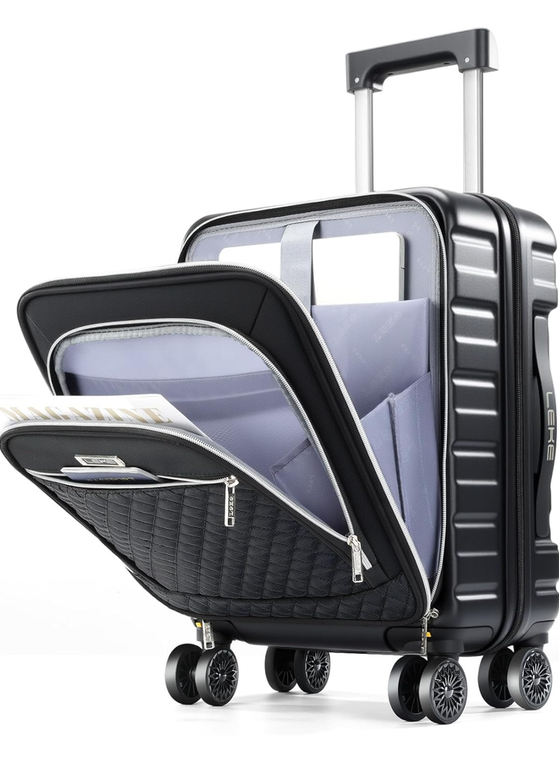 Lekebobor 18 Inch Carry On Luggage Airline Approved, Hybrid Soft Hard Shell Travel Suitcase with Removable Spinner Wheels, TSA Lock, Front Pocket for Women, Black