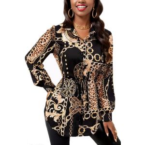 KnoInt Button Down Shirt Dresses for Women Sexy Long Sleeves Top Loose Floral Print Collared Blouses V Neck Mini Dress with BeltBlack and Gold,M