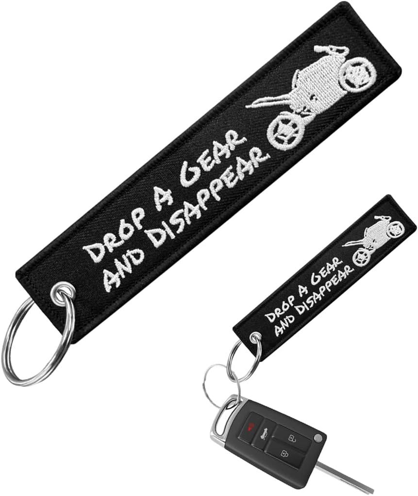 Personalized Keychain, Embroidery Double Sided Key Chain Tag, Customized Car Scooter Key Chain Luggage Tag for Men (DROP A GEAR)