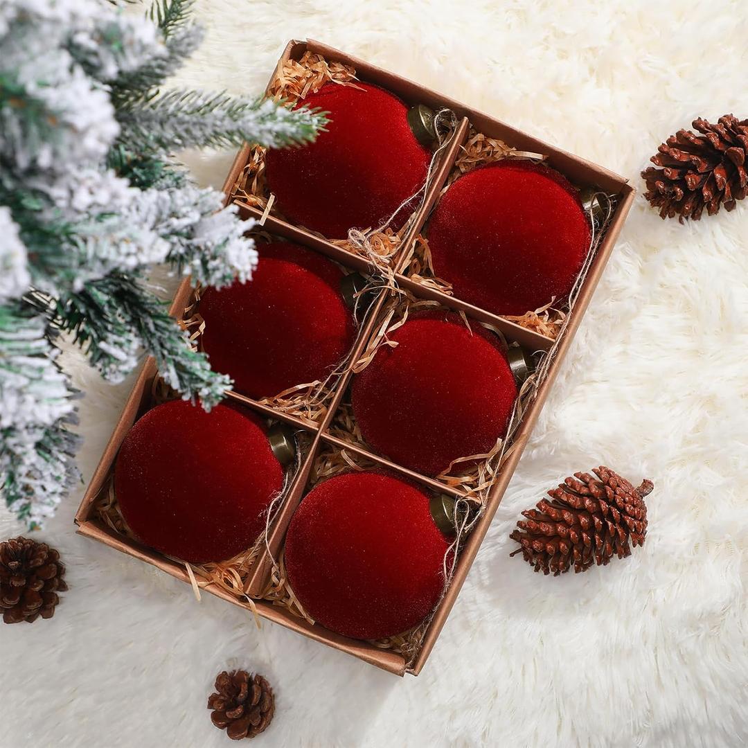 Halloscume 6 Pcs 4 Inch Flocked Velvet Christmas Tree Ball Ornament Glass Velvet Xmas Hanging Ornament Large Flocked Felt Decoration for Xmas Tree Wreath Home Garland Holiday Party Decor(Burgendy)