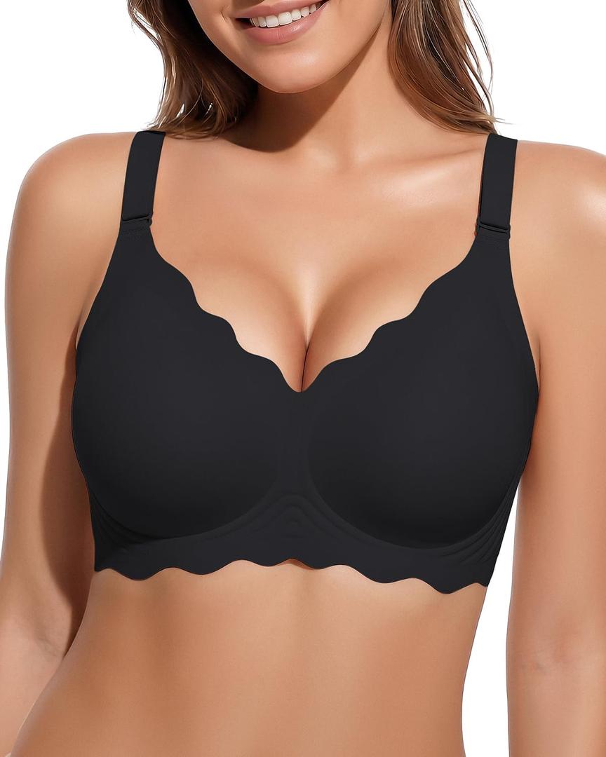 PQK Bras No Underwire for Women Comfortable Wireless Seamless T Shirt Bras Wavy Edge Full Coverage Push Up Bra (Size S Black) (Black, S)