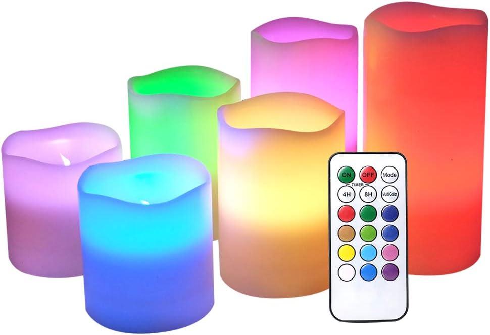 DRomance Flameless Flickering Candles Color Changing with 18-Key Remote Timer, Battery Operated Real Wax Set of 6 LED Pillar Candles Indoor Valentine's Day Romantic Decor(3" x 3"-6")