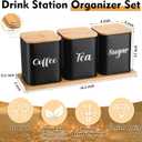 Tioncy Coffee Tea Sugar Container with Tray Set of 3 Airtight Metal Canister with Bamboo Lid Tray for Kitchen Counter Dining Room Farm House Kitchen Style Drink Station Organizer Set (Black)