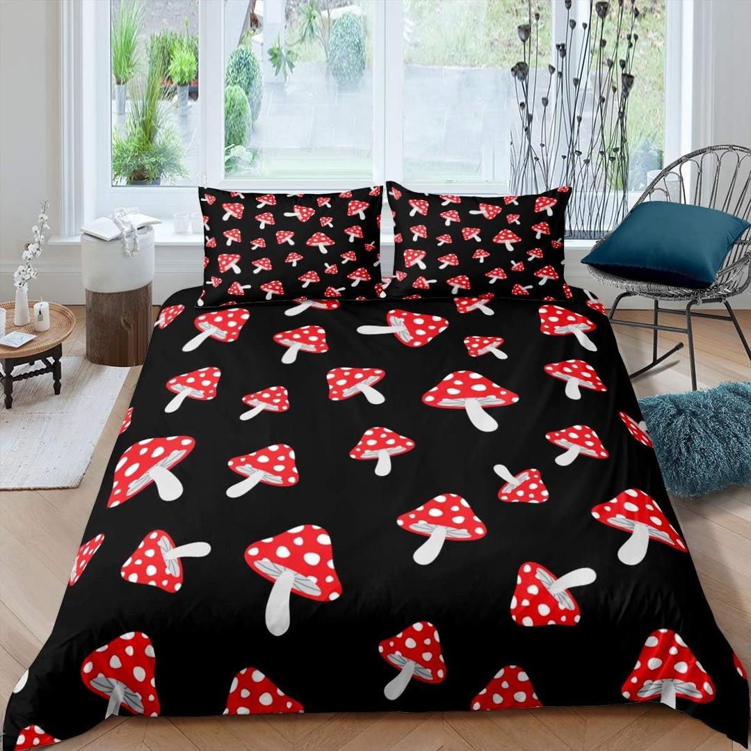 Feelyou Cute Mushrooms Bedding Set Red Mushrooms Comforter Cover Set Wild Fungus Botanical Duvet Cover Set with 2 Pillowcases (Queen,Black)