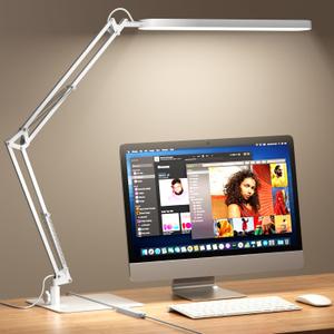 SKYLEO LED Desk Lamp with Slim Base - Adjustable Swing Arm Desk Light, Dimmable, Timer, Eye Protection, Memory Function, 1300LM, 12W, White